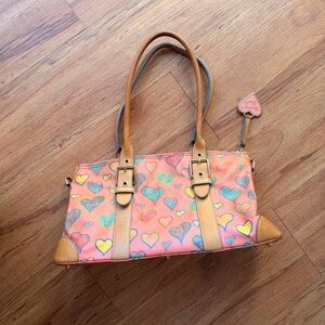 Dooney & Bourke Pink Multicolor Heart Print Shoulder Bag with Tan Trim